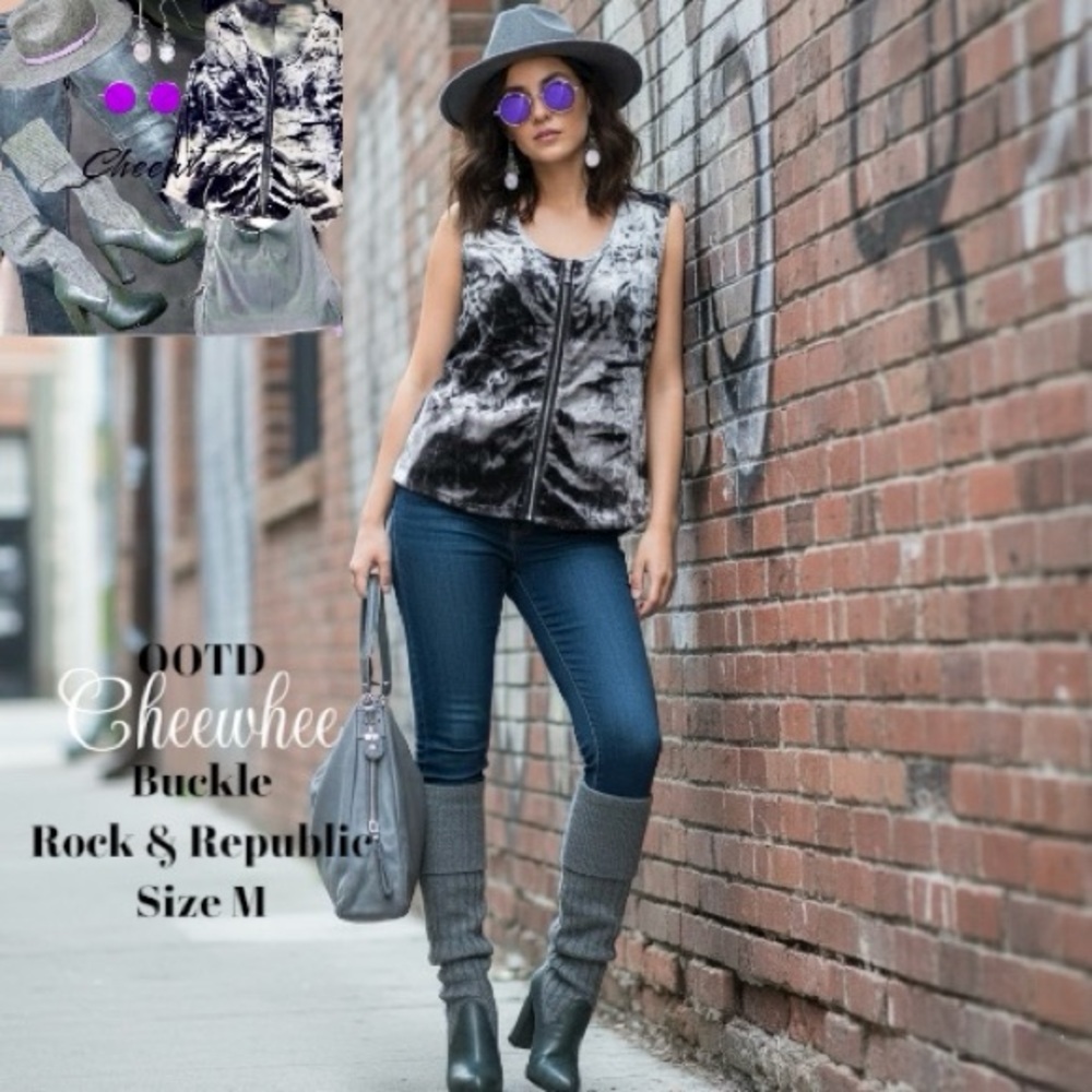 Buckle Rock & Republic Top Black Metallic Tie-dye Velveteen Moto Grunge Size M